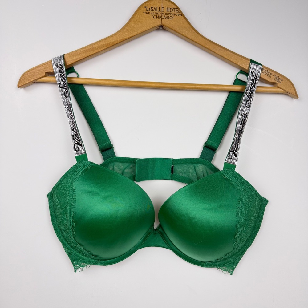 Victoria's Secret Bombshell Rhinestone Strap Push Up Bra Emerald Green Lace Trim